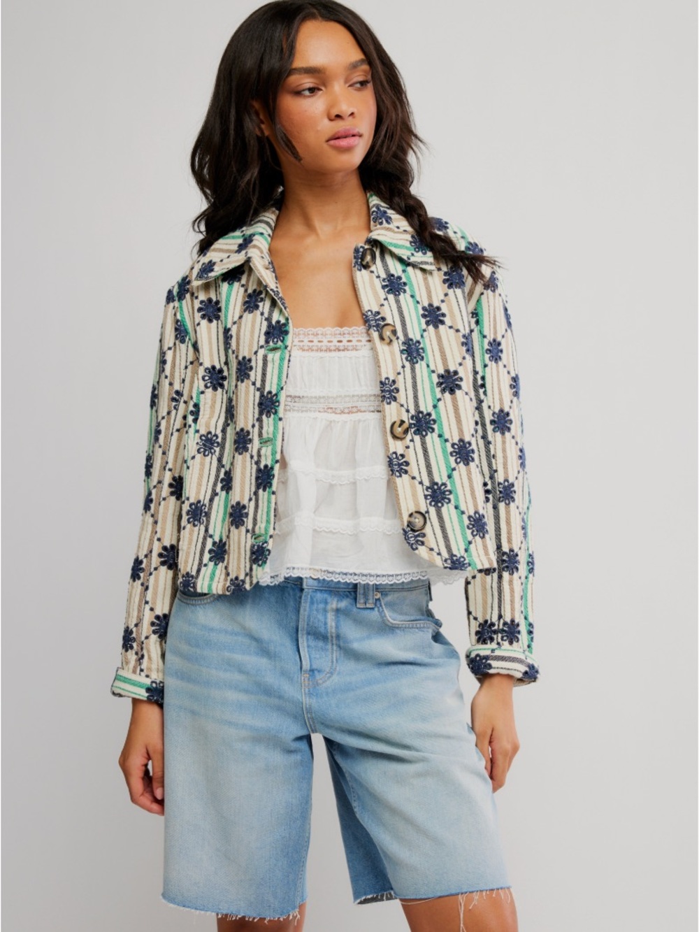 Free People Cropped Floral Stripe Pea Coat - Cream, Navy & Green